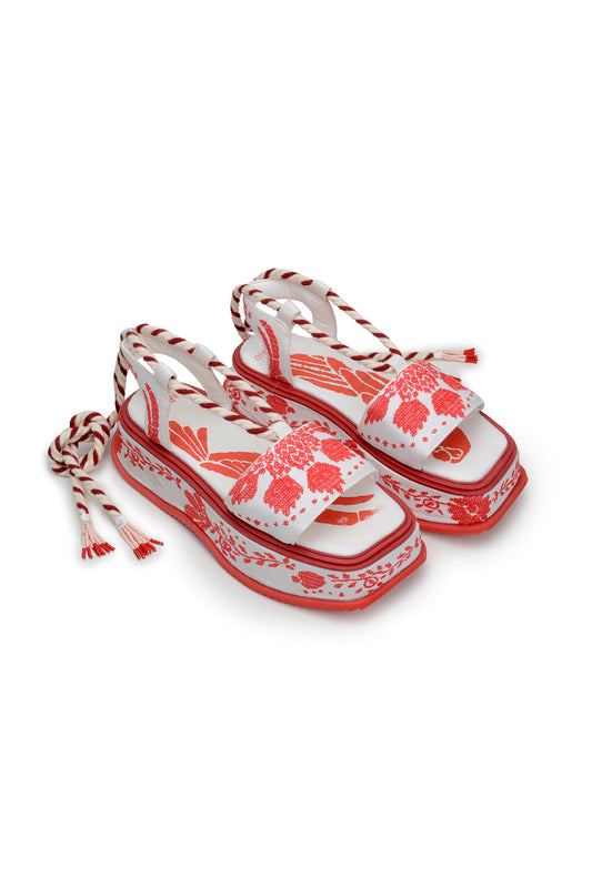 Red Embroidery Flatform Sandal