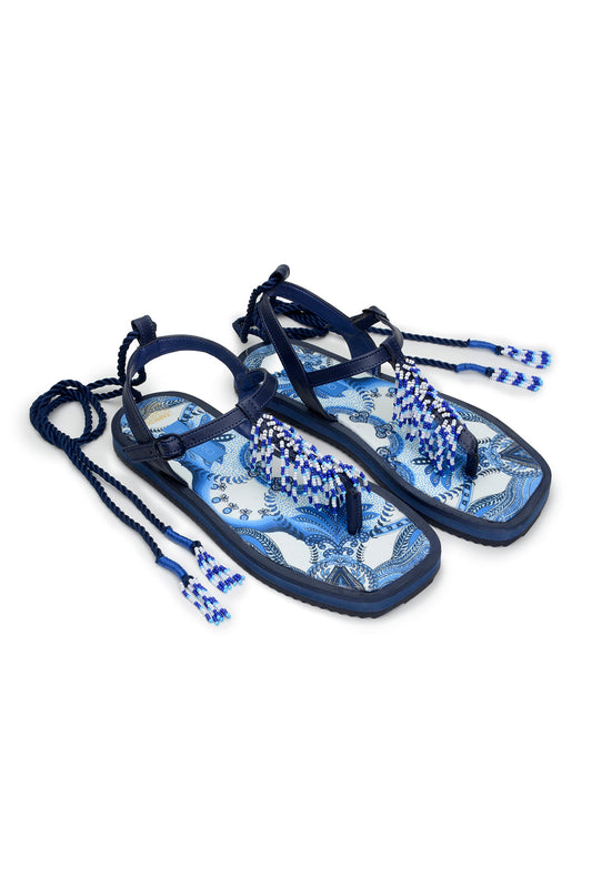 Blue Tile Beaded Flat Sandals