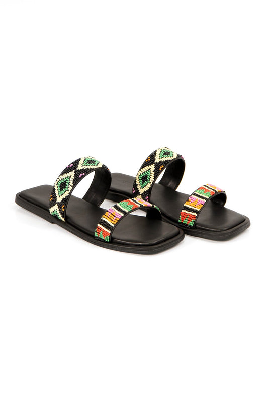 Black Beaded Square Toe Slide Sandal