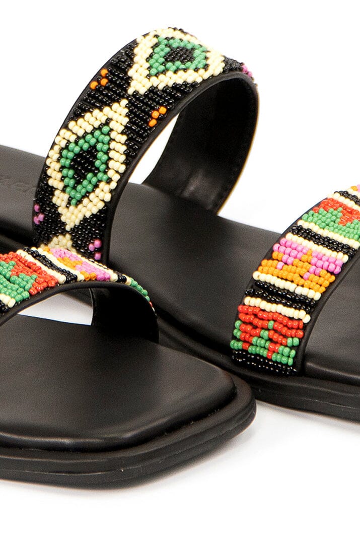 Black Beaded Square Toe Slide Sandal