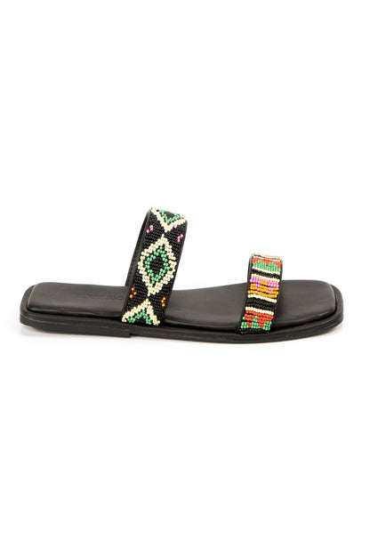 Black Beaded Square Toe Slide Sandal