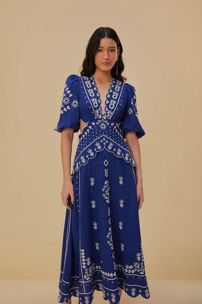 Navy Blue Embroidered Cut-Out Midi Dress