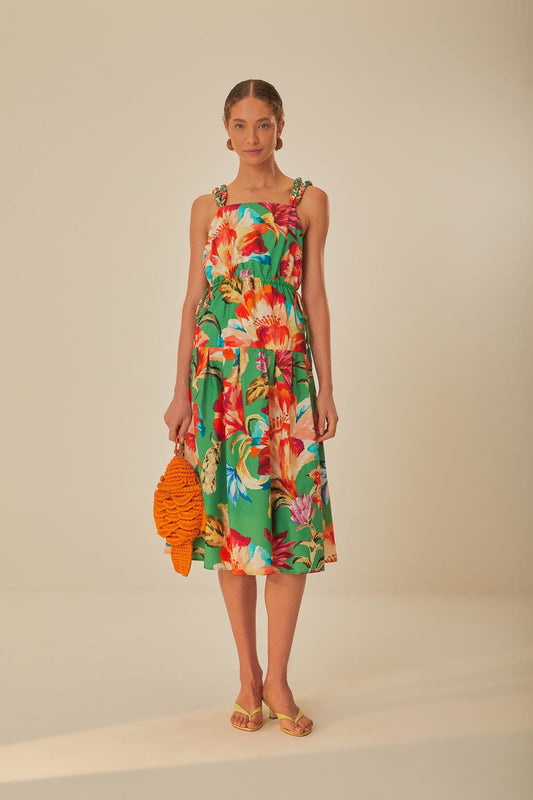 Green Tropicart Sleeveless Midi Dress