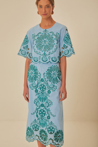 Light Blue And Green Graphic Richelieu Midi Skirt