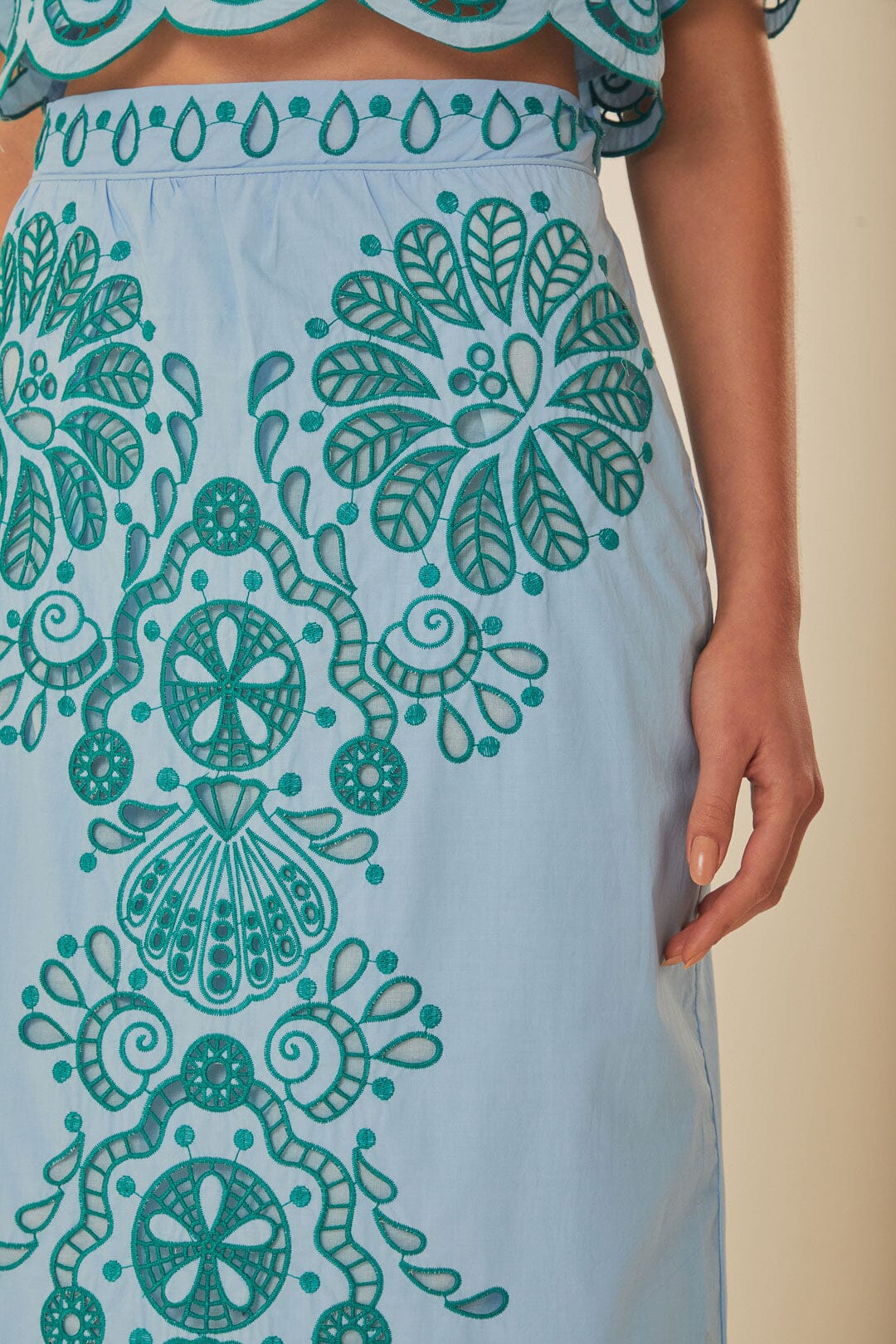 Light Blue And Green Graphic Richelieu Midi Skirt