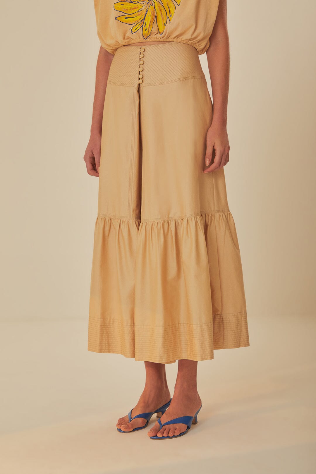 Khaki Topstitching Yoke Organic Cotton Maxi Skirt