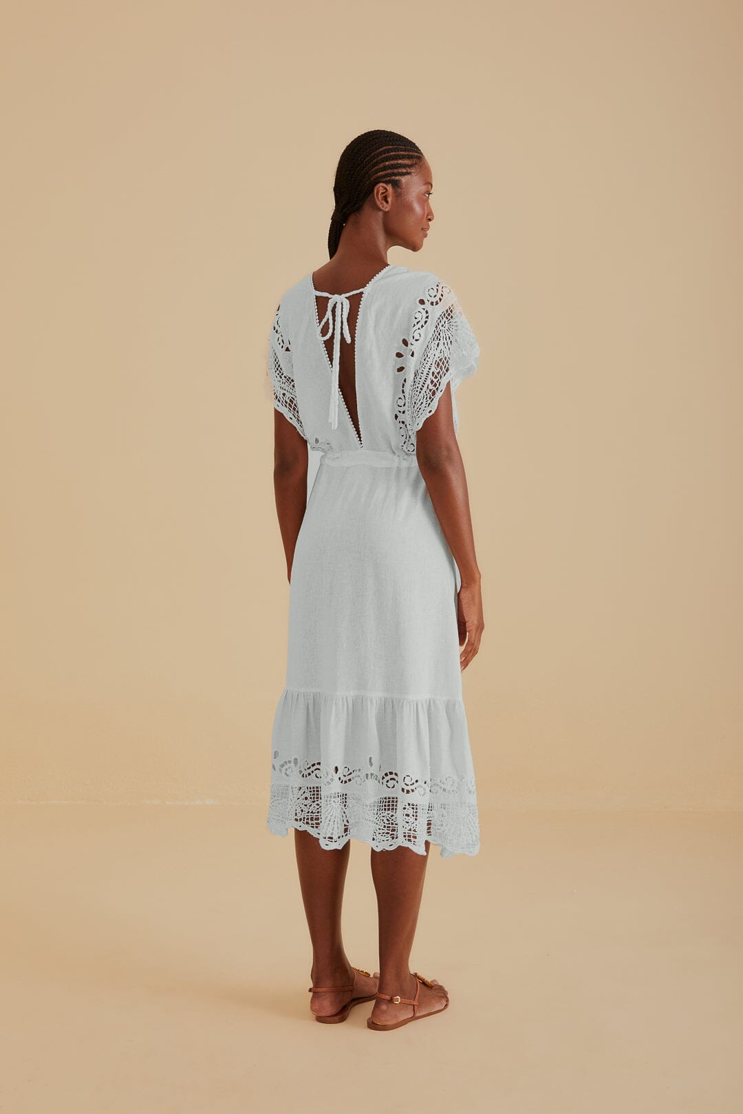 Off-White Embroidered Guipure Euroflax Premium Linen Midi Dress