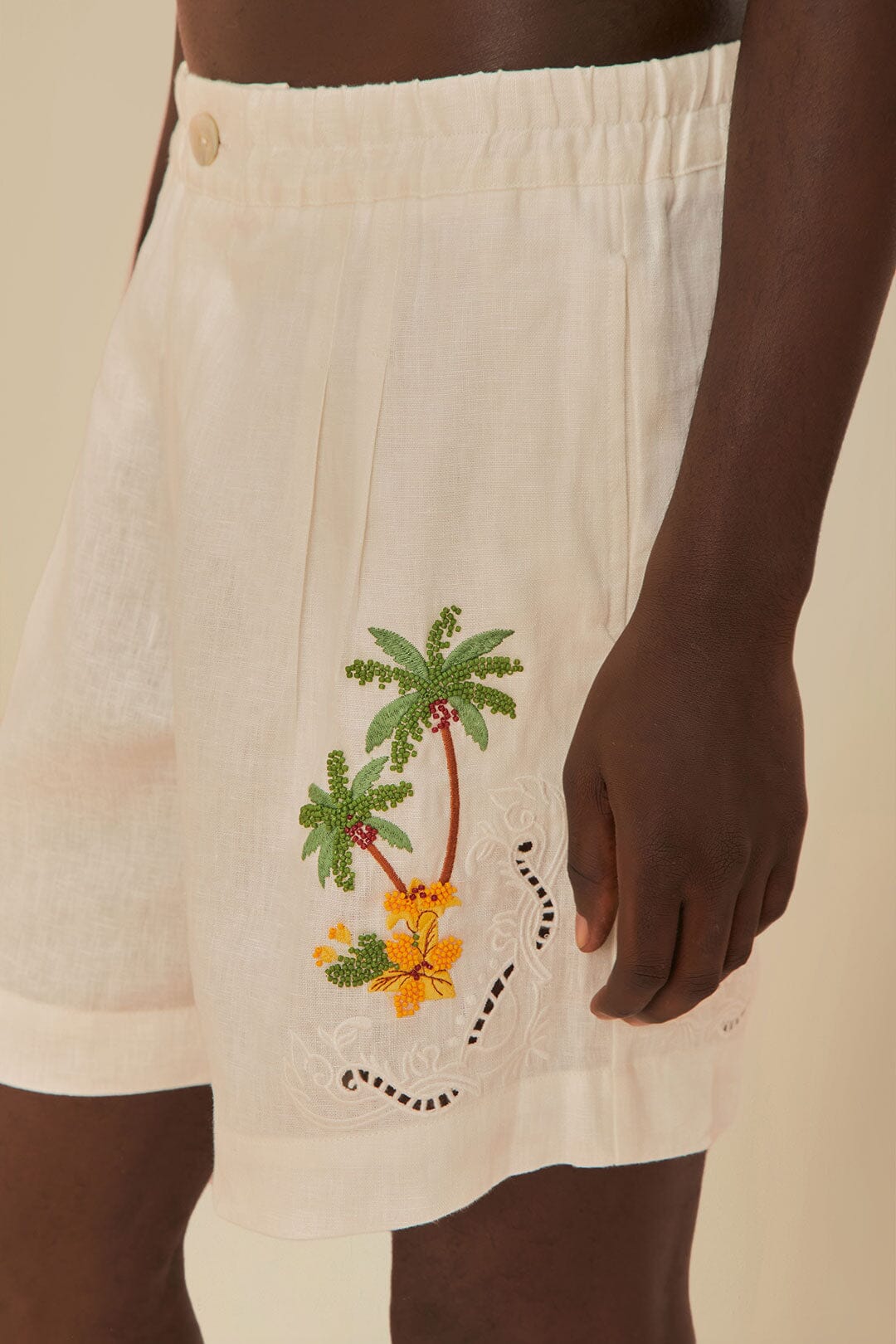 Tropical Destination Embroidered Euroflax Premium Linen Shorts