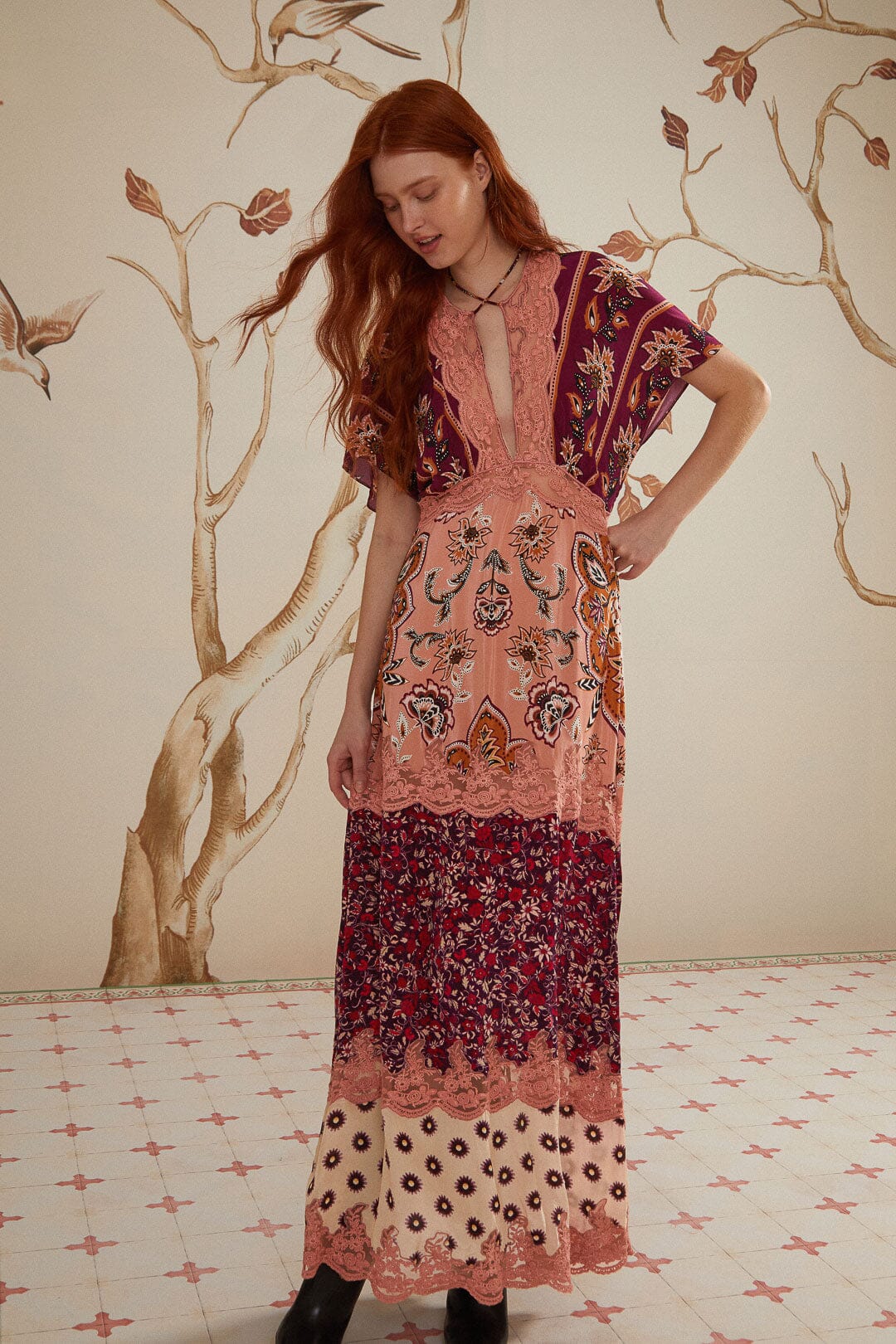 Glam Tapestry Burgundy Laces Short Sleeve Maxi Dress