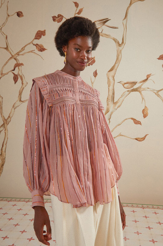 Light Pink Pleated Yoke Long Sleeve Blouse