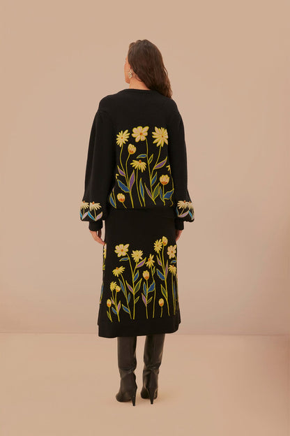 Black Farm R Flowers Embroidered Knit Skirt