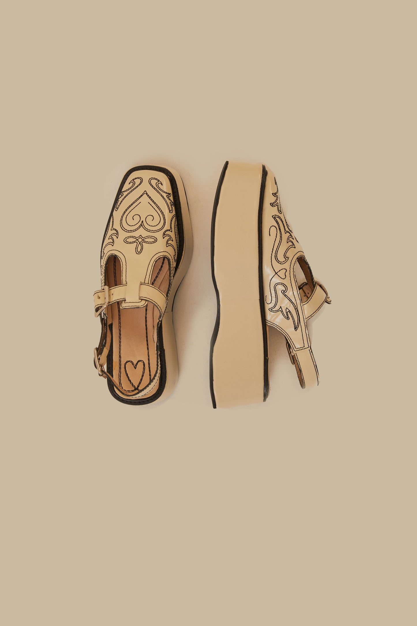 Ivory T-Strap Embroidered Flatform