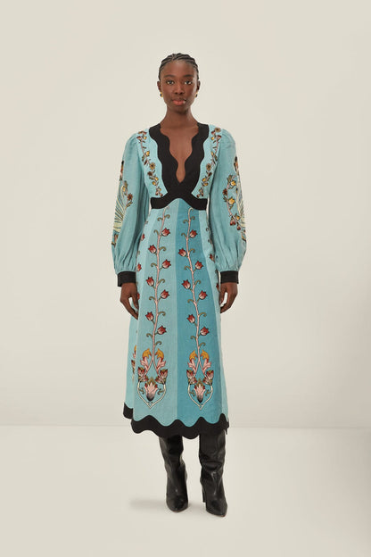 Blue Flowing Beauty Embroidered Long Sleeve Midi Dress