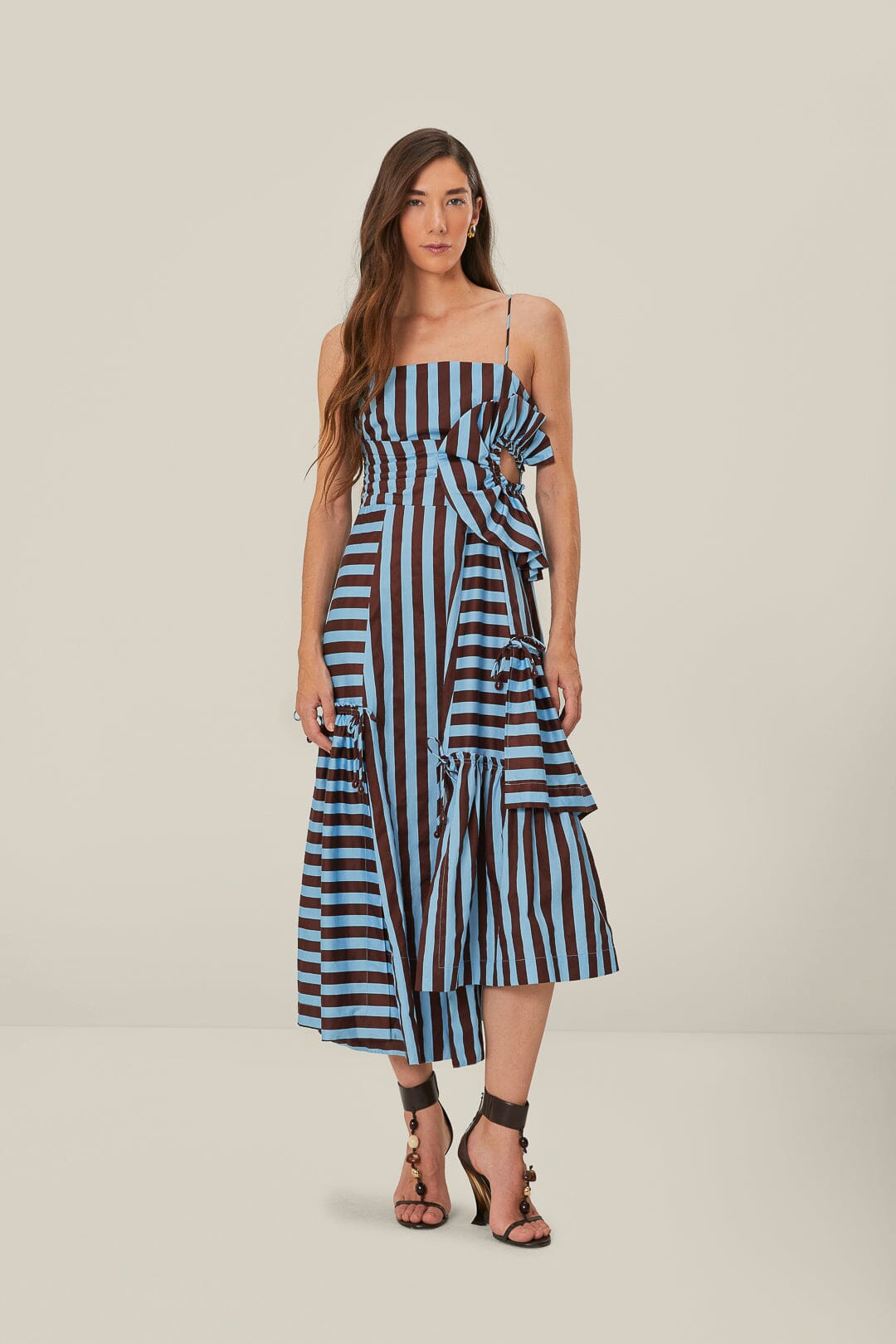 Brown and Blue Tropical Flight Stripes Organic Cotton Midi Dress