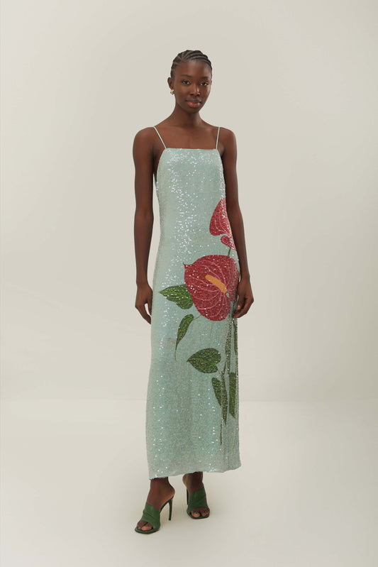 Blue Anthurium Flowers Slip Maxi Dress