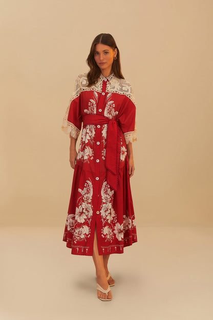 Red Floral Chains Guipure Midi Dress