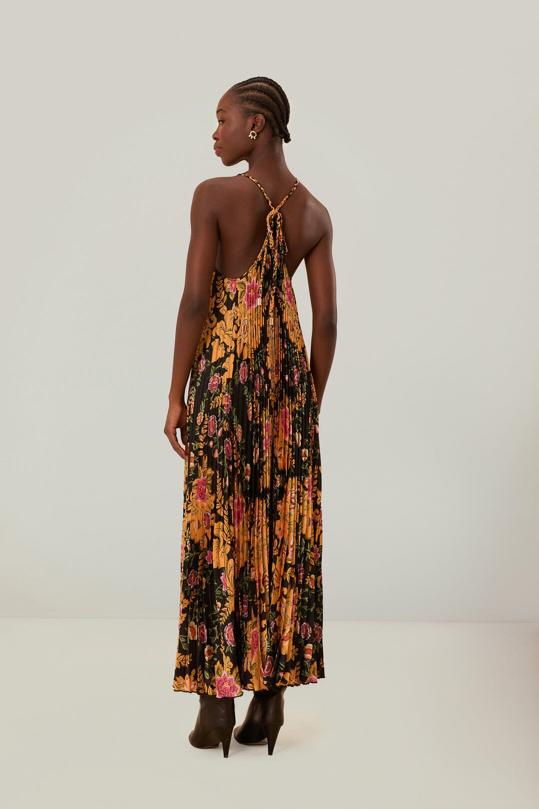 Black Arabesque Floral Pleated Midi Dress