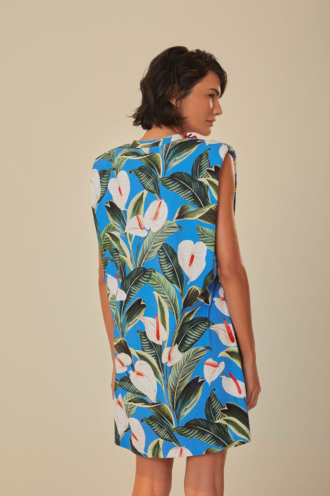 Blue Anthurium Garden Organic Cotton Mini T-Shirt Dress