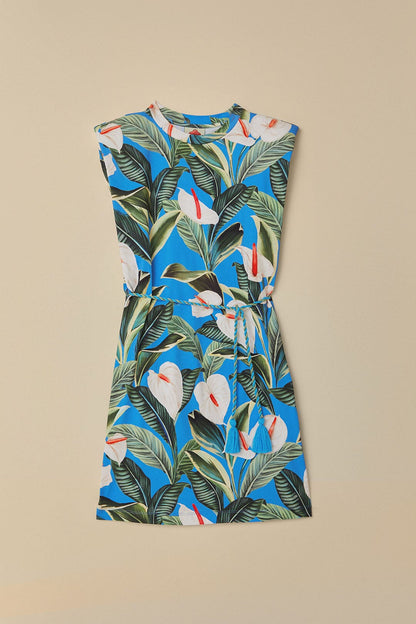 Blue Anthurium Garden Organic Cotton Mini T-Shirt Dress