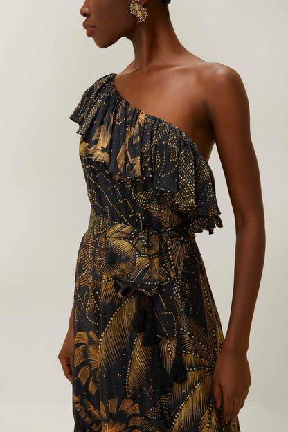 Black Golden Foliage One-Shoulder Maxi Dress