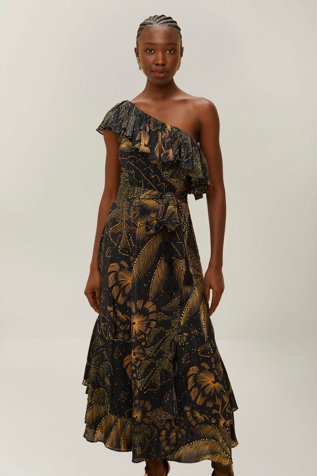 Black Golden Foliage One-Shoulder Maxi Dress