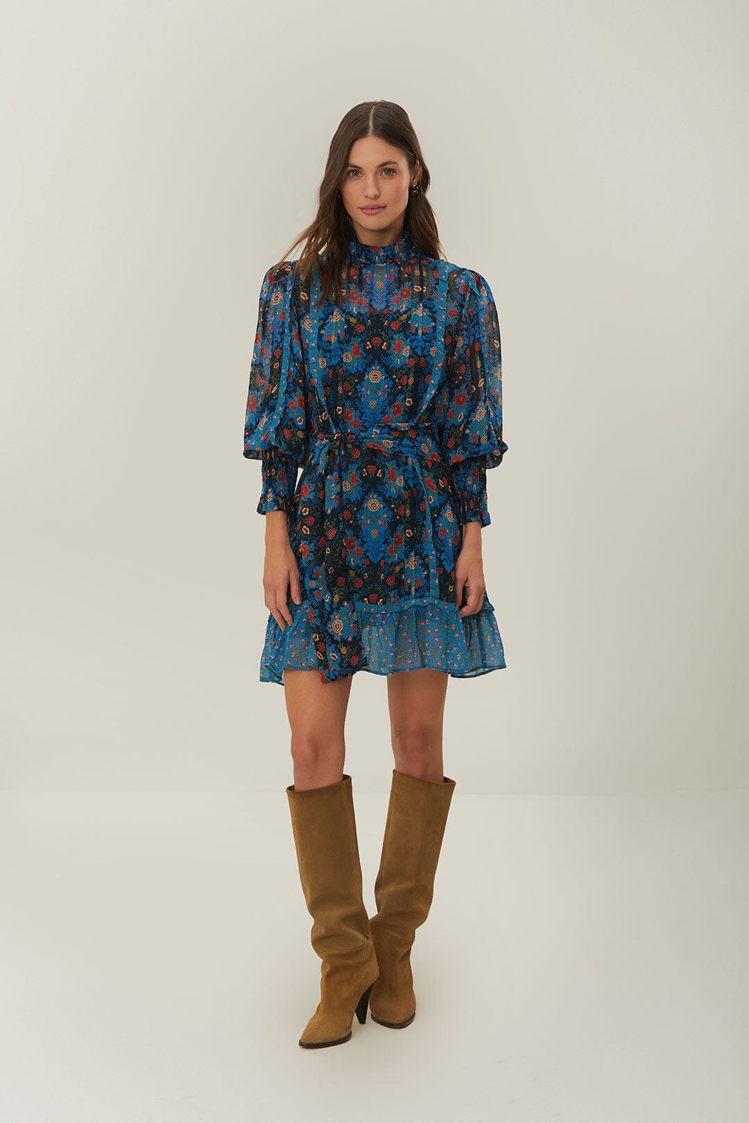 Blue Arabesque Floral High Neck Mini Dress