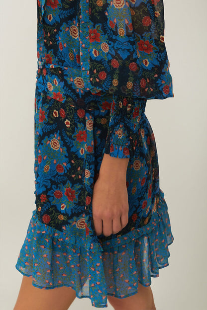 Blue Arabesque Floral High Neck Mini Dress