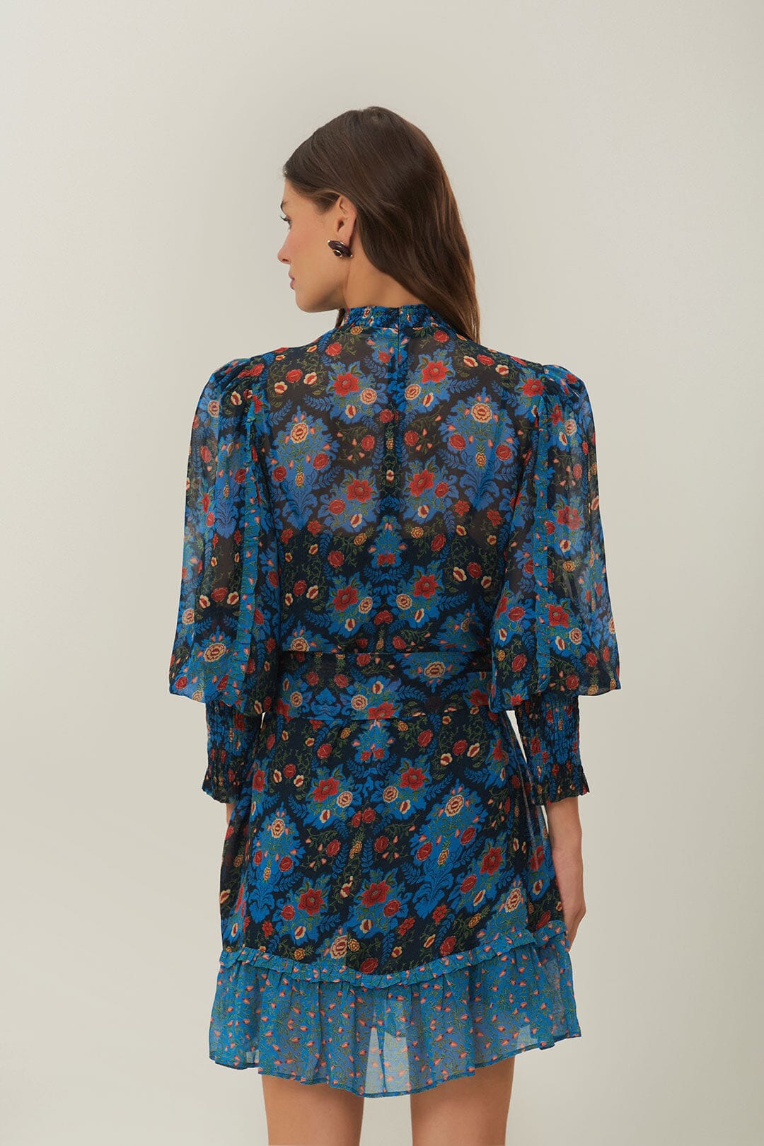 Blue Arabesque Floral High Neck Mini Dress