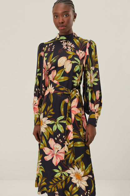 Black Surreal Flowers High Neck Midi Dress