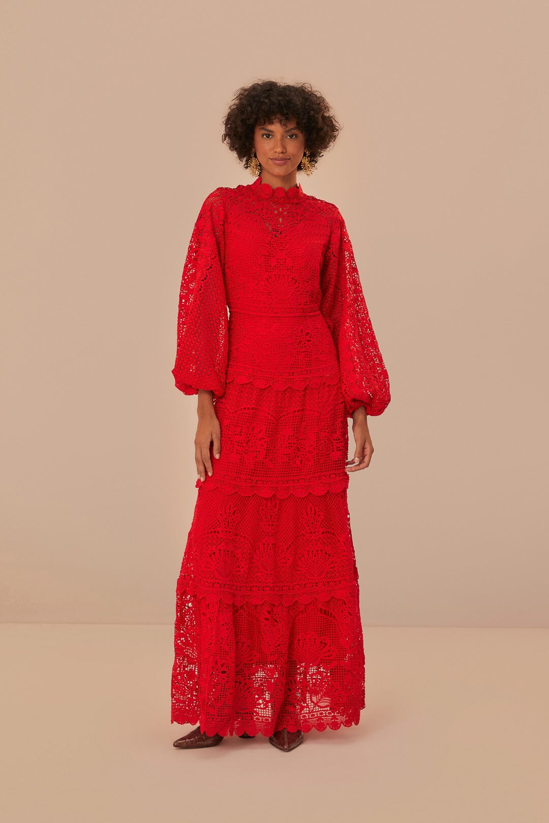 Red Guipire Long Sleeve Maxi Dress