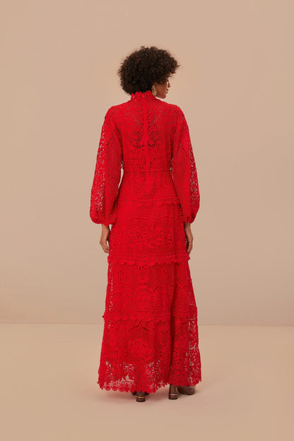 Red Guipire Long Sleeve Maxi Dress