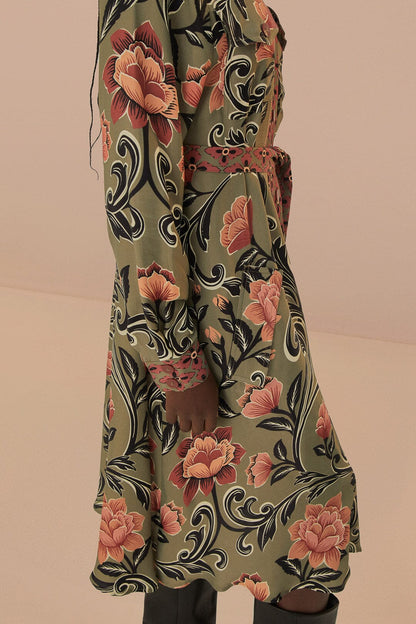 Arabesque Floral Green Midi Dress